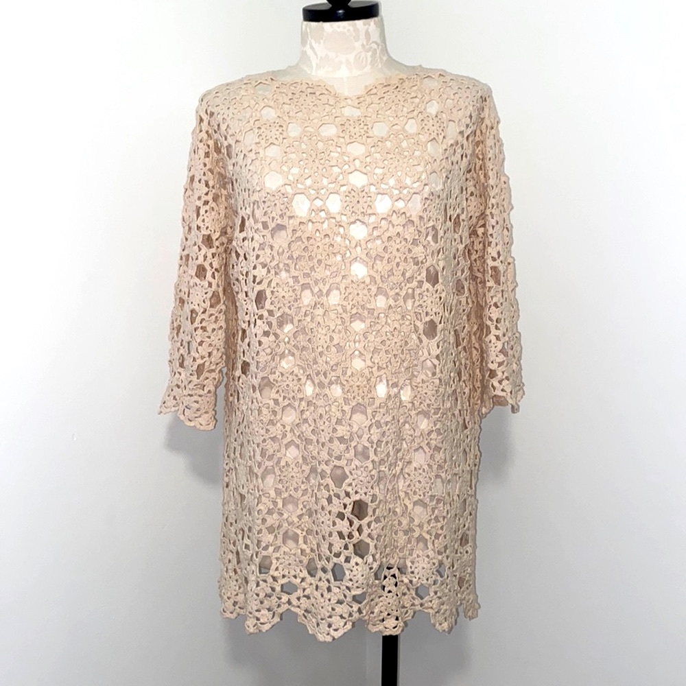 Stunning 60s hand crochet cotton macrame tunic mini dress! VTG rare Find! Sz 16?
